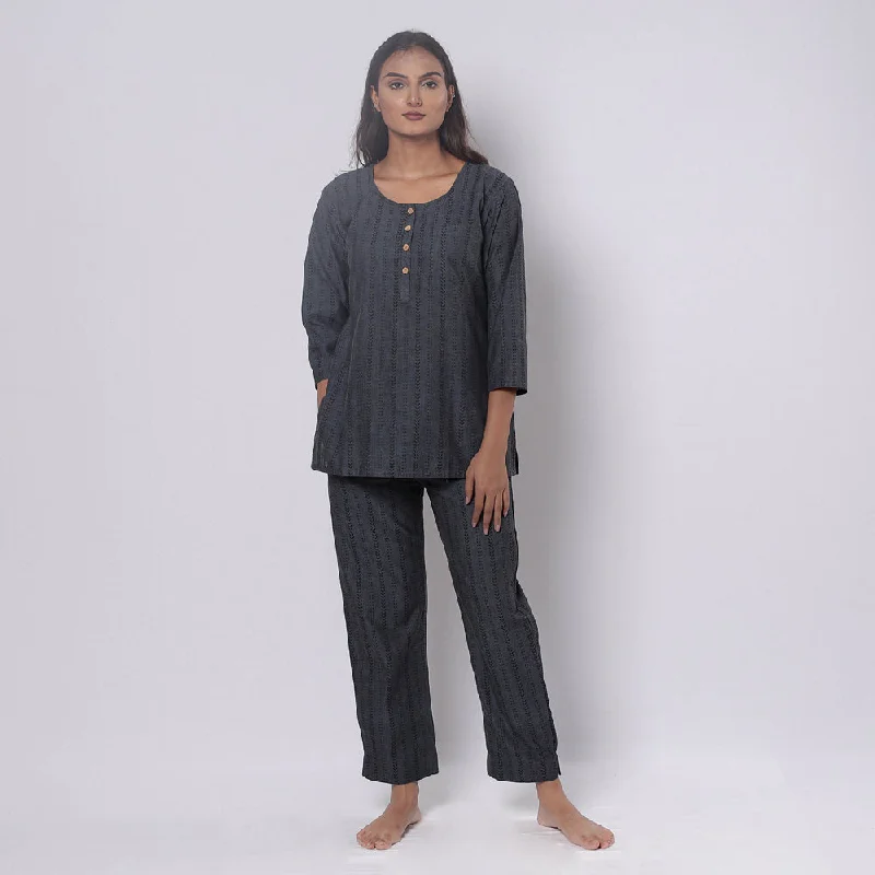 Dark Grey Jacquard Cotton Top & Pyjama Night Suit Set