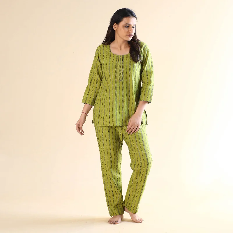 Green - Jacquard Cotton Top & Pyjama Night Suit Set