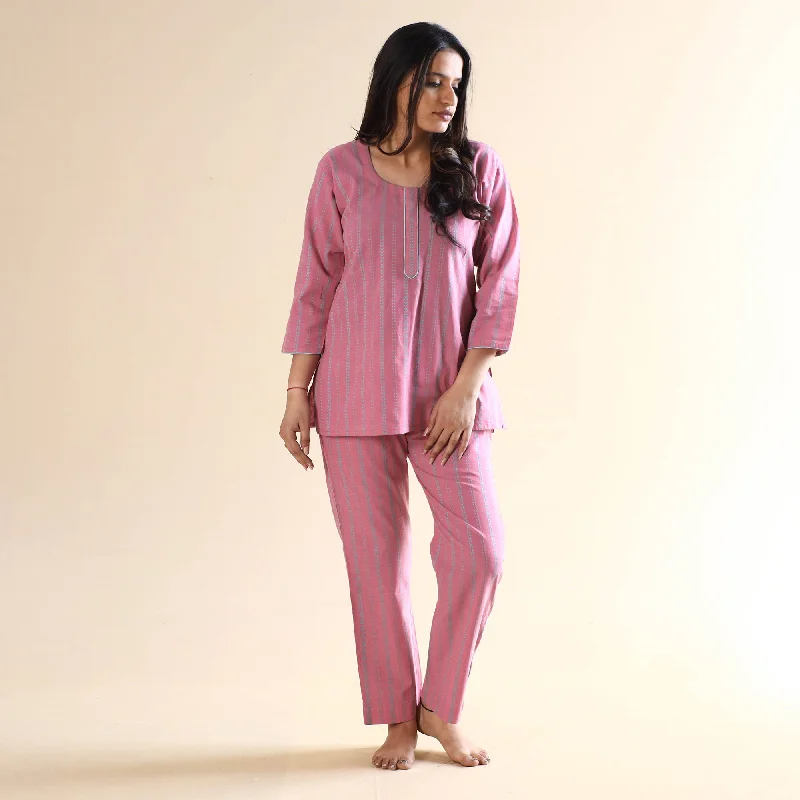 Pink Jacquard Cotton Top & Pyjama Night Suit Set