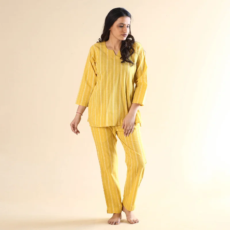 Yellow Jacquard Cotton Top & Pyjama Night Suit Set