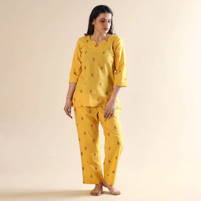 Yellow Jacquard Cotton Top & Pyjama Night Suit Set