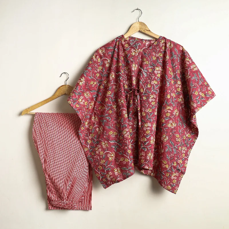 Red - Sanganeri Block Printed Cotton Kaftan & Pyjama Night Suit Set