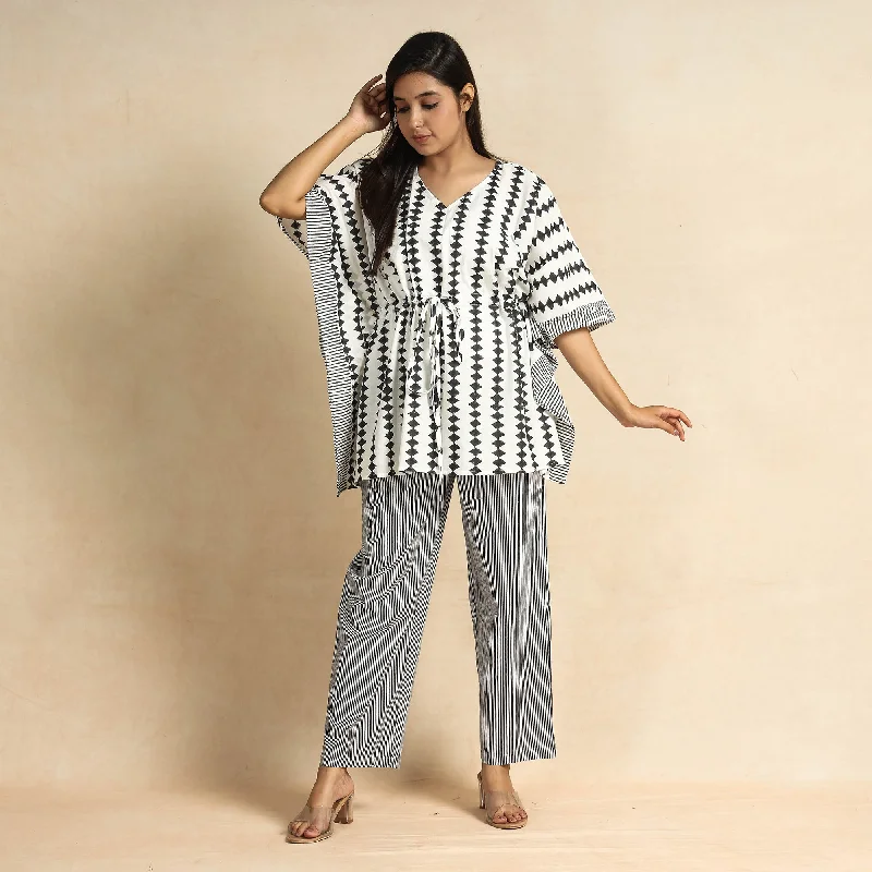 White - Hand Block Printed Cotton Kaftan & Pyjama Night Suit Set