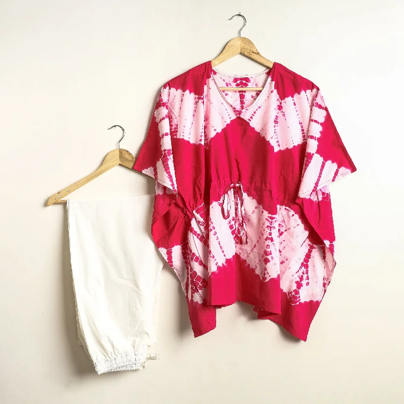 Pink - Shibori Tie-Dye Cotton Kaftan & Pyjama Night Suit Set