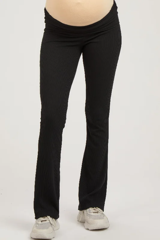 black-ribbed-foldover-maternity-flared-pants