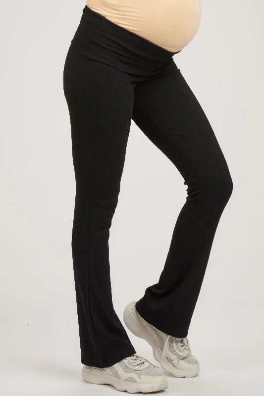 black-ribbed-foldover-maternity-flared-pants