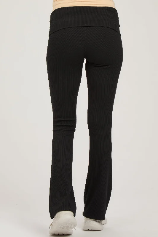 black-ribbed-foldover-maternity-flared-pants