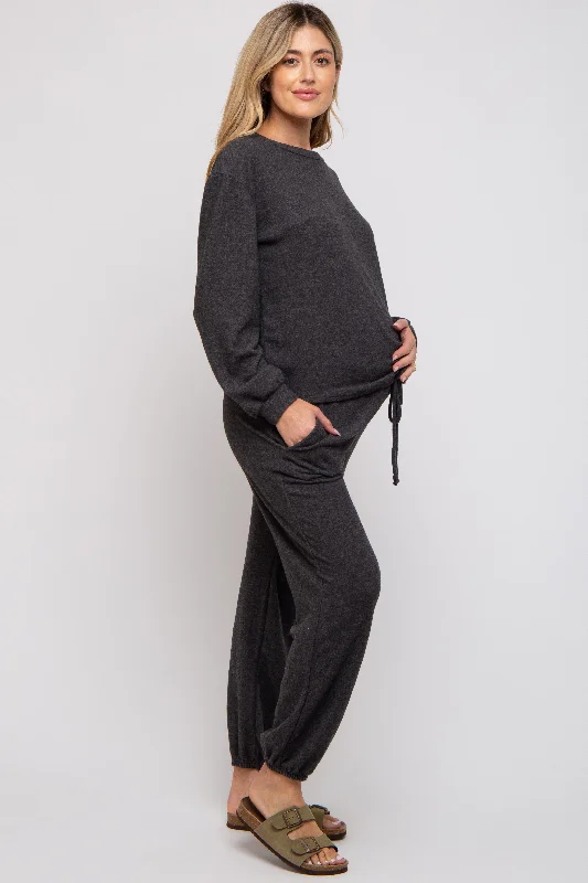 charcoal-soft-knit-brushed-long-sleeve-maternity-lounge-set