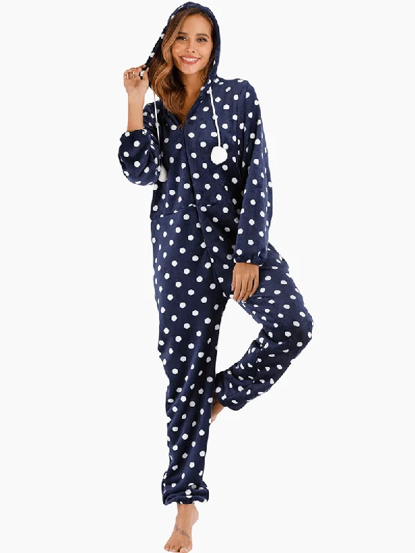 Navy Polka Dot Front Zip Hoodie Jumpsuit Casual Pajama Set