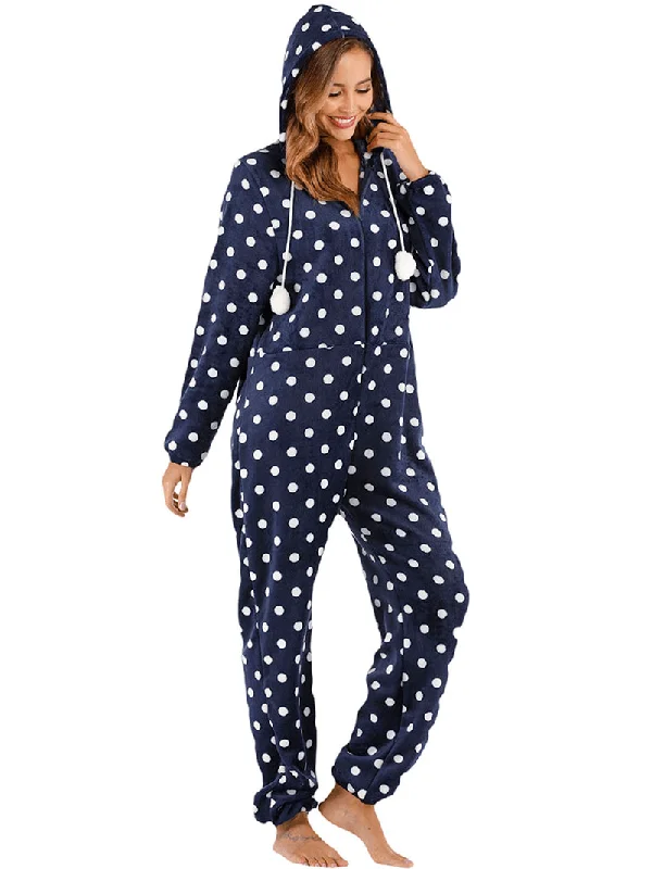 navy-polka-dot-front-zip-hoodie-jumpsuit-casual-pajama-set