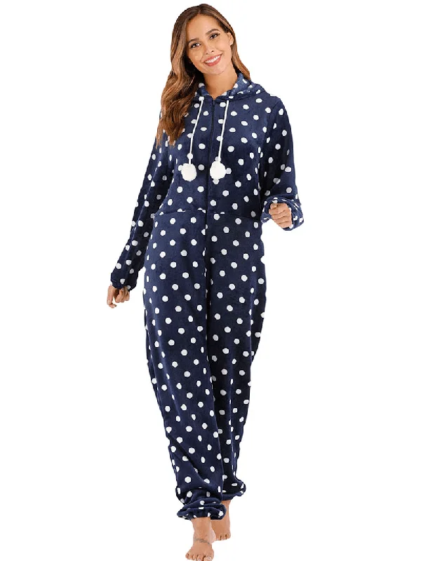 navy-polka-dot-front-zip-hoodie-jumpsuit-casual-pajama-set