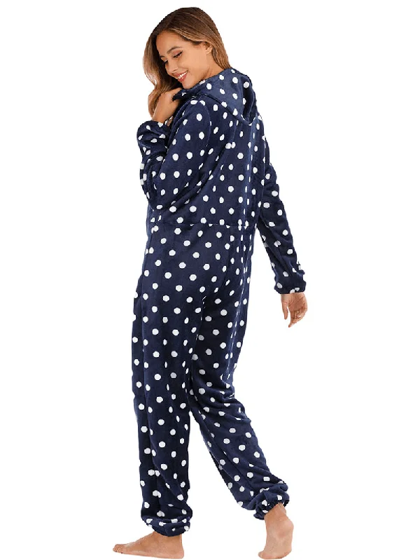 navy-polka-dot-front-zip-hoodie-jumpsuit-casual-pajama-set