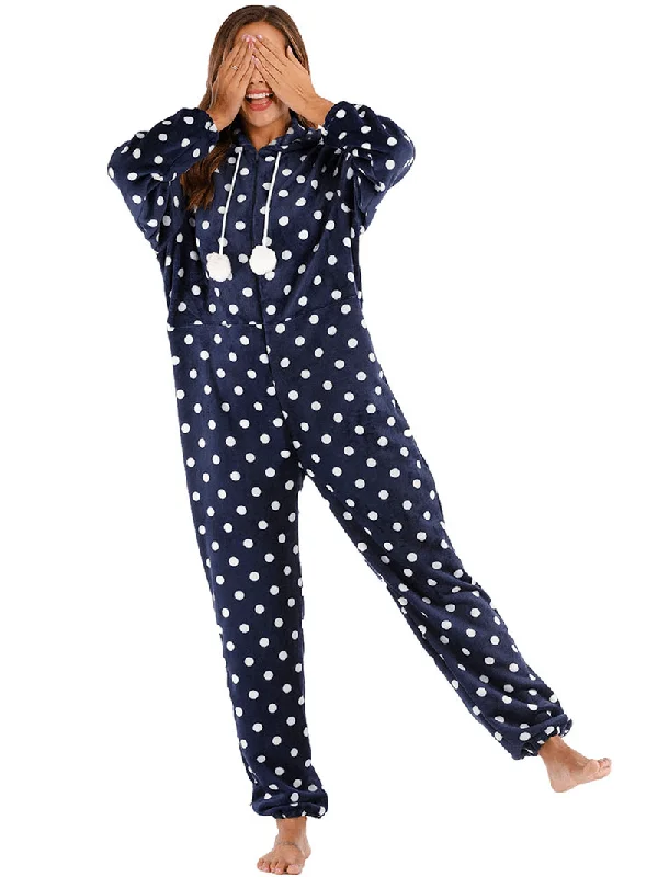 navy-polka-dot-front-zip-hoodie-jumpsuit-casual-pajama-set