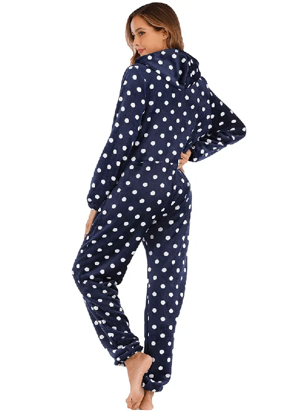 navy-polka-dot-front-zip-hoodie-jumpsuit-casual-pajama-set