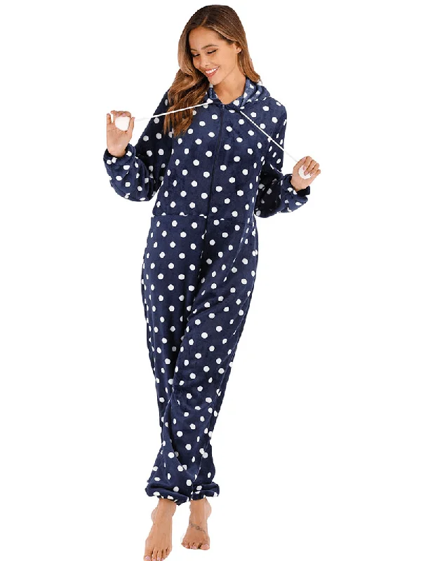 navy-polka-dot-front-zip-hoodie-jumpsuit-casual-pajama-set