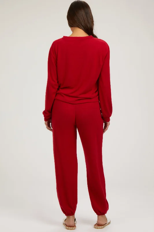 red-soft-knit-brushed-long-sleeve-maternity-lounge-set