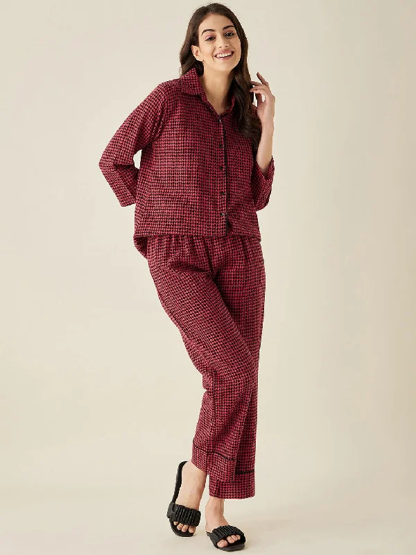 Red Herringbone Cotton Pyjama Set - The Kaftan Company