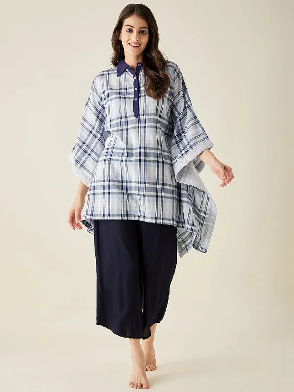 White And Blue Checks Lounge Set - The Kaftan Company