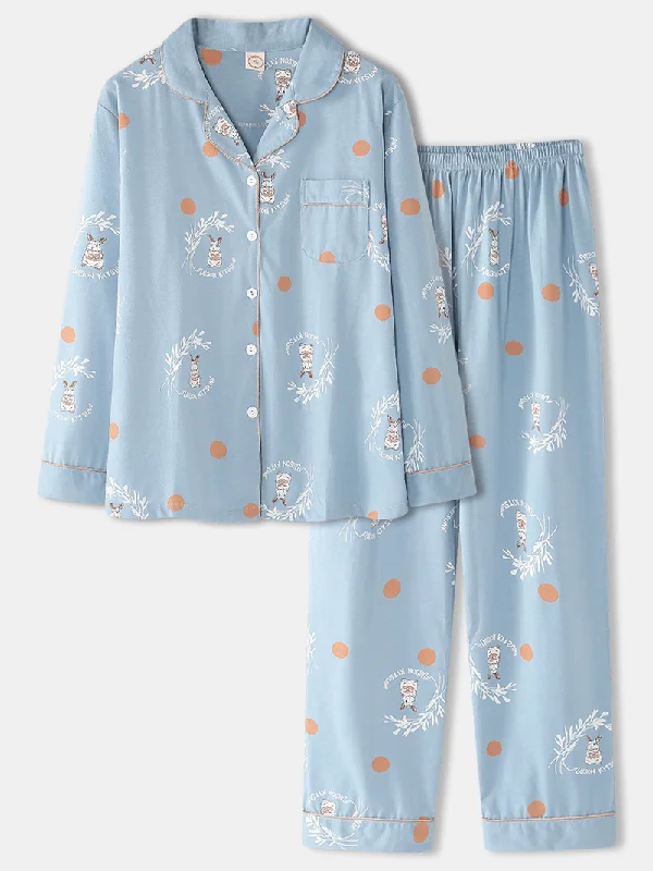 Women Cartoon Rabbit & Polka Dot Print Shirt Elastic Waist Home Pajama Set