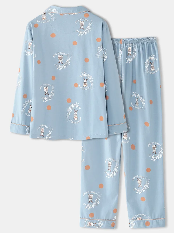 women-cartoon-rabbit-polka-dot-print-shirt-elastic-waist-home-pajama-set