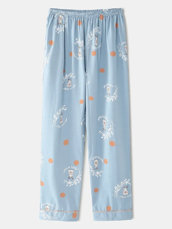 women-cartoon-rabbit-polka-dot-print-shirt-elastic-waist-home-pajama-set