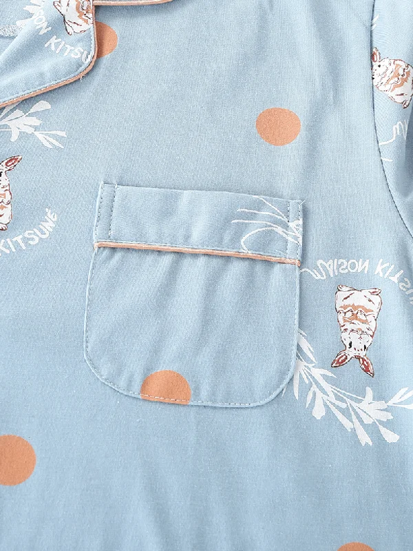 women-cartoon-rabbit-polka-dot-print-shirt-elastic-waist-home-pajama-set