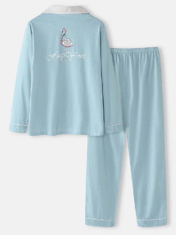 women-cotton-flamingo-pattern-solid-long-sleeve-button-two-piece-plus-size-home-pajamas-sets