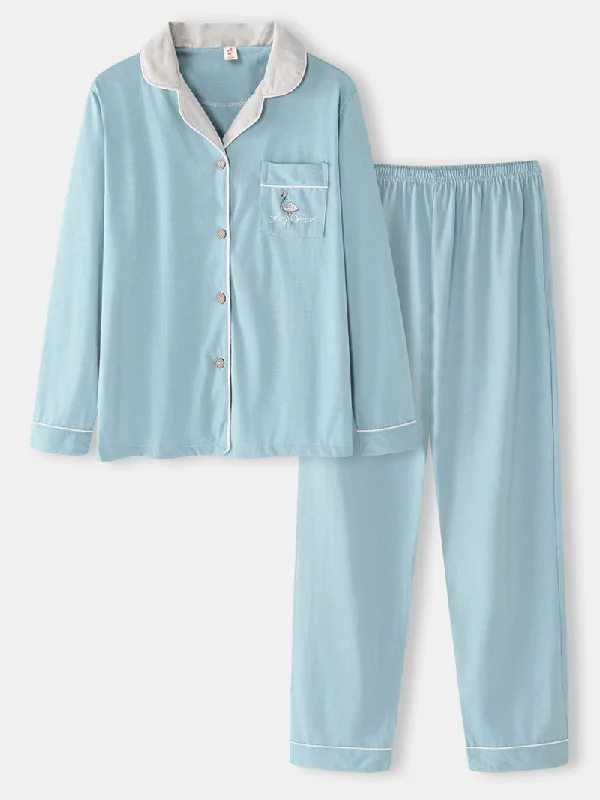 women-cotton-flamingo-pattern-solid-long-sleeve-button-two-piece-plus-size-home-pajamas-sets