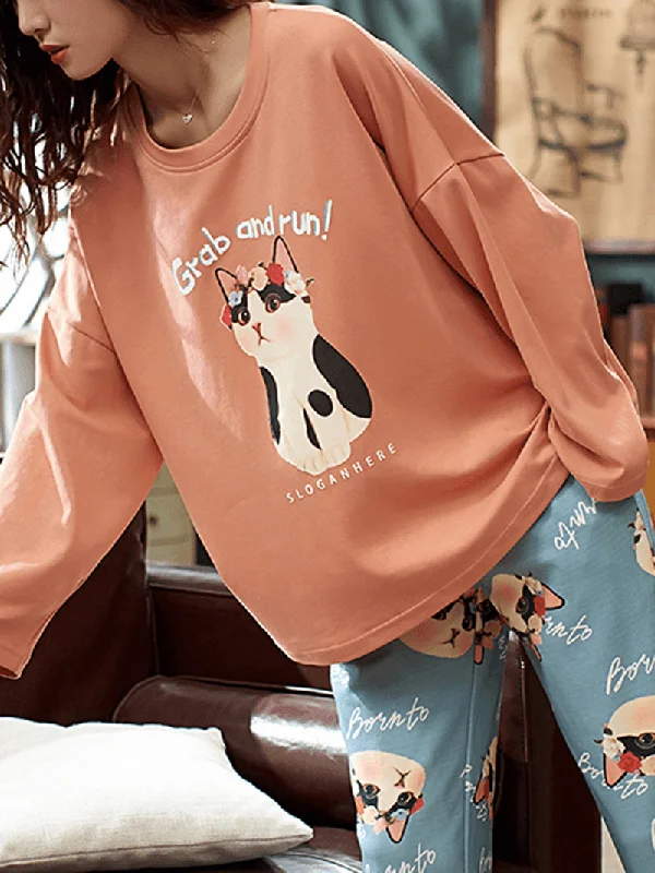 Women Cute Cat Pattern Letter Print Long Sleeve Pullover & Loose Pants Home Two Piece Pajama Set