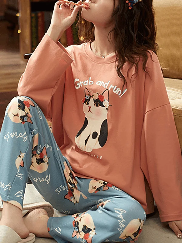 women-cute-cat-pattern-letter-print-long-sleeve-pullover-loose-pants-home-two-piece-pajama-set