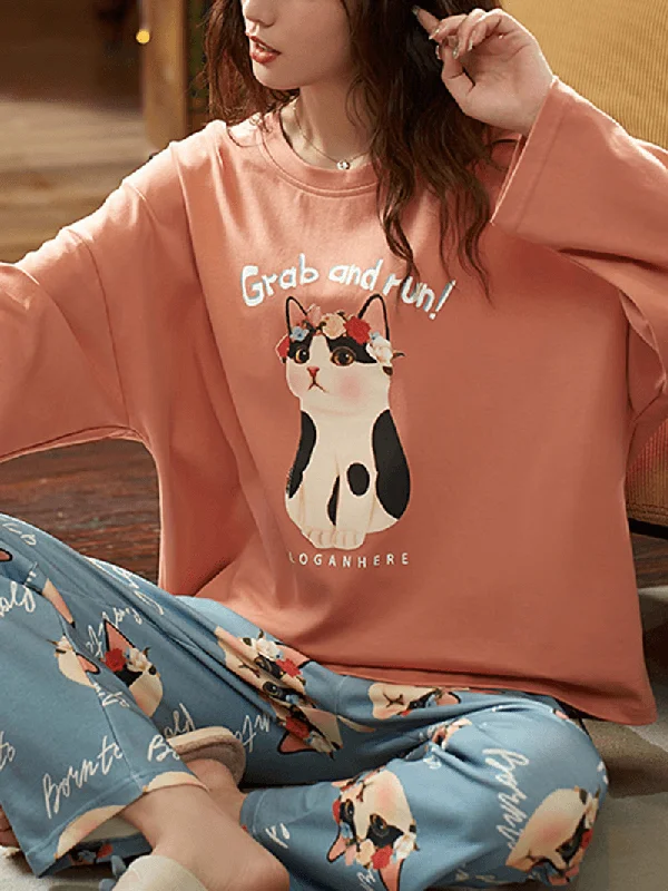 women-cute-cat-pattern-letter-print-long-sleeve-pullover-loose-pants-home-two-piece-pajama-set