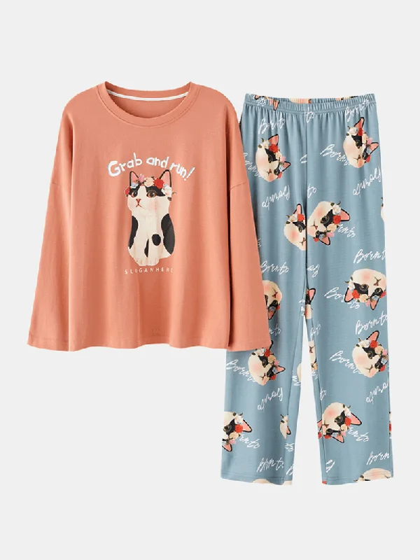 women-cute-cat-pattern-letter-print-long-sleeve-pullover-loose-pants-home-two-piece-pajama-set