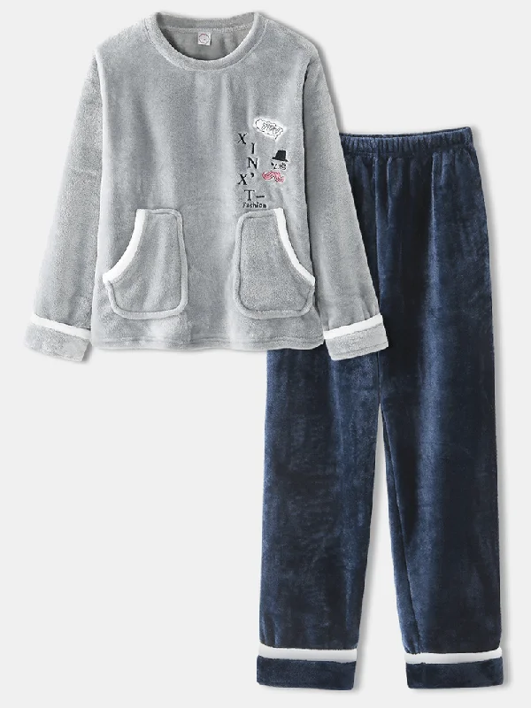 women-flannel-letter-graphics-embroidery-sweatshirts-elastic-waist-pants-home-pajama-set