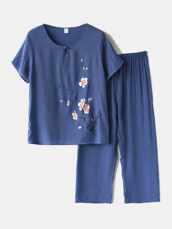 women-plus-size-flowers-print-loungewear-set-breathable-mandarin-button-loose-pajamas