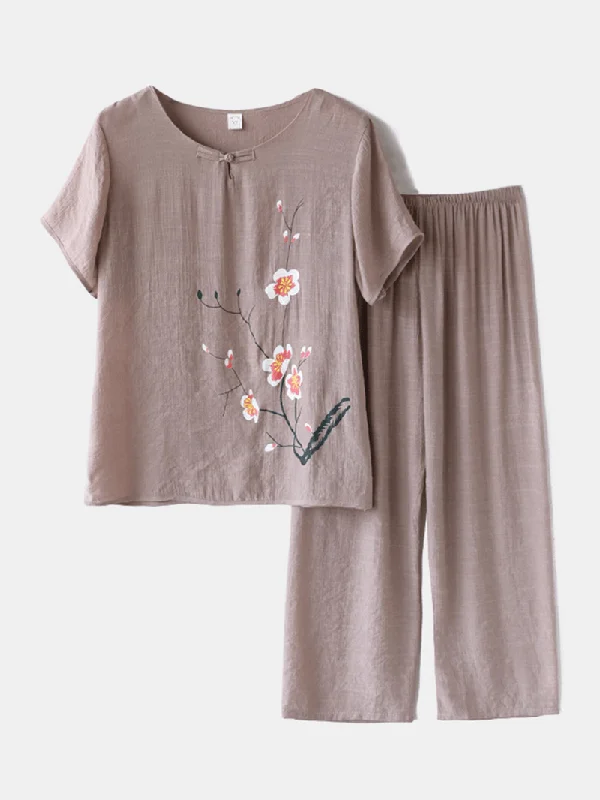 women-plus-size-flowers-print-loungewear-set-breathable-mandarin-button-loose-pajamas