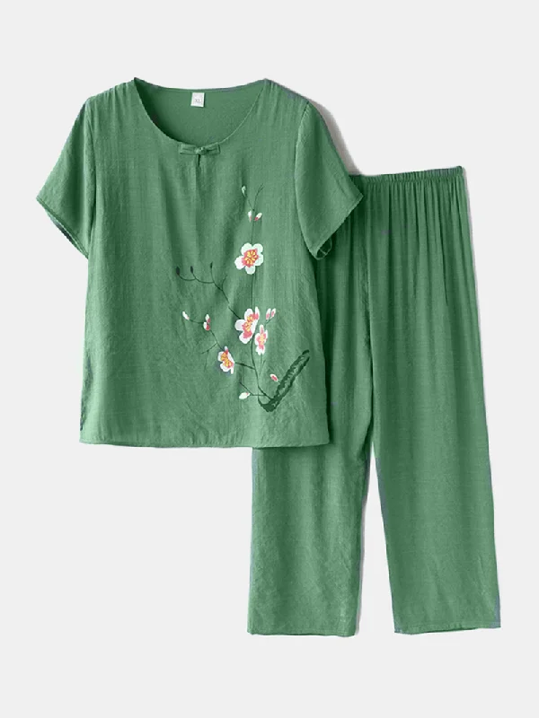 women-plus-size-flowers-print-loungewear-set-breathable-mandarin-button-loose-pajamas