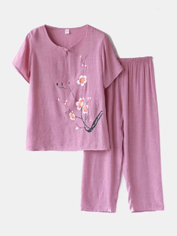 women-plus-size-flowers-print-loungewear-set-breathable-mandarin-button-loose-pajamas