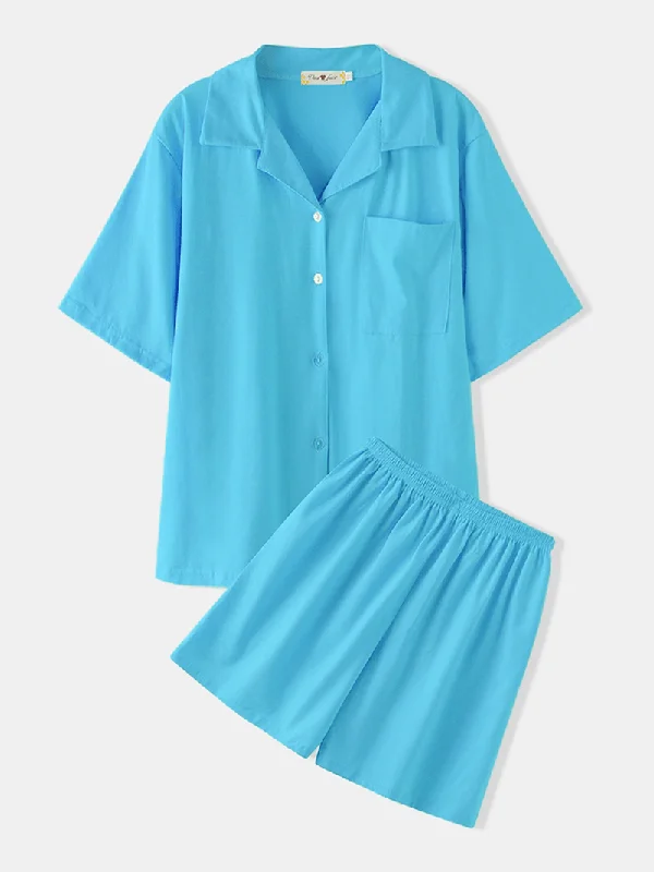 women-solid-color-short-sleeve-revere-collar-comfy-casual-two-piece-pajama-set