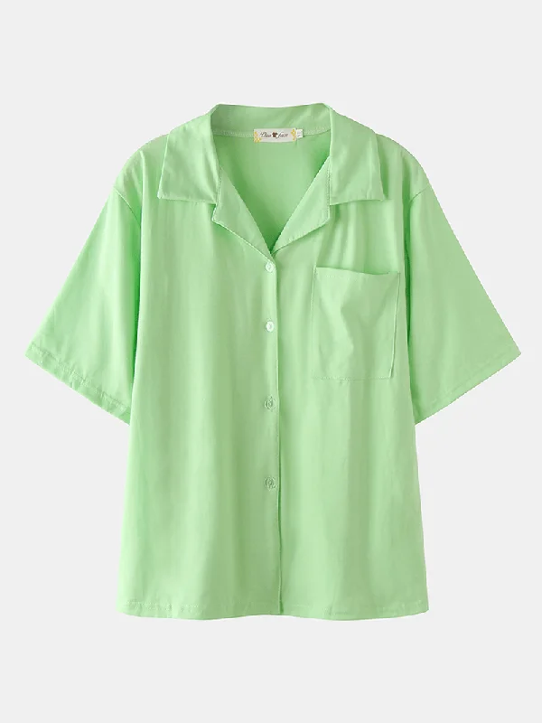 women-solid-color-short-sleeve-revere-collar-comfy-casual-two-piece-pajama-set