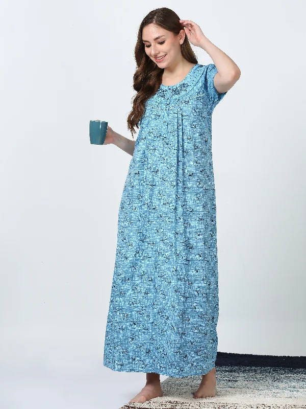 Micro Poly Viscose Blue Designer Long nighty