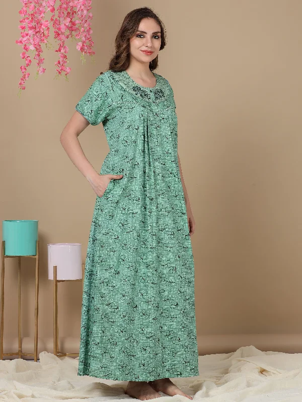 Micro Poly Viscose Green Designer Long Nighty