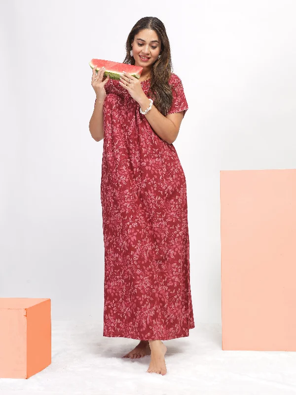 Red Poly Viscose Designer Nighty