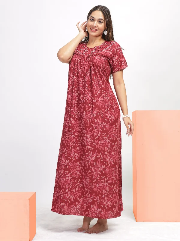 Red Poly Viscose Designer Nighty