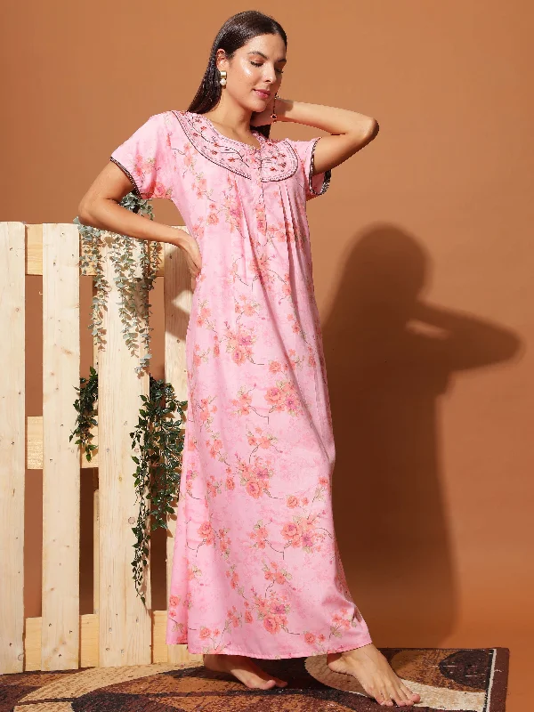 Stylish Neon Pink Floral Maxi Nightgown with Intricate Neck Embroidery