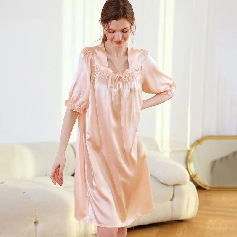 Womens Short Sleeves Silk Nightgown 19Momme Elegant Pleated edge Silk Sleepwear