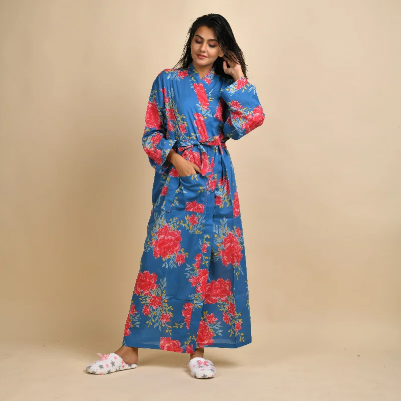 Blue Pure Cotton Hand printed kimono robe