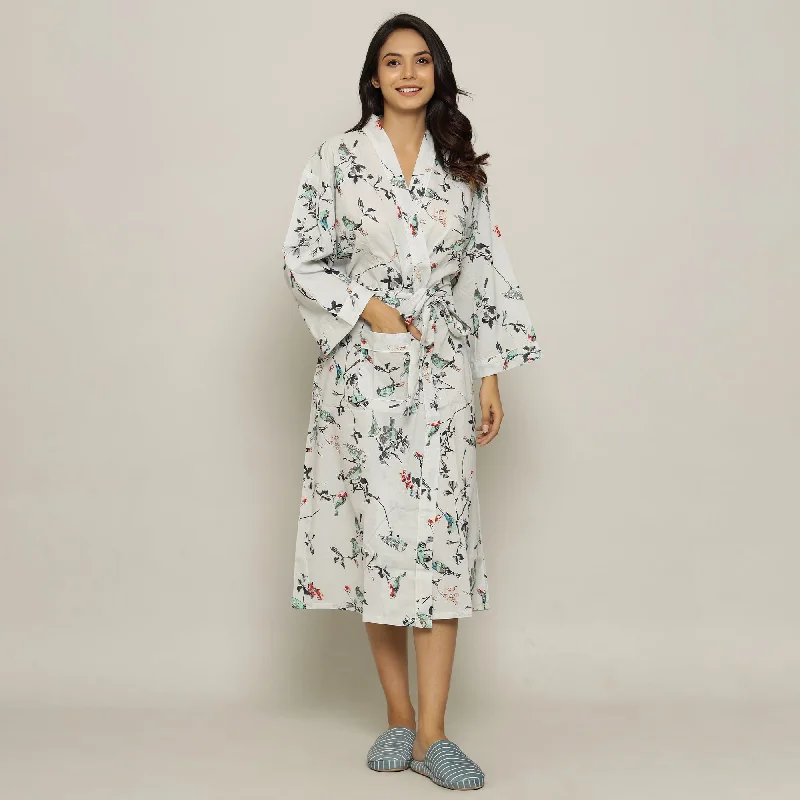 White Cotton Hand printed kimono robe