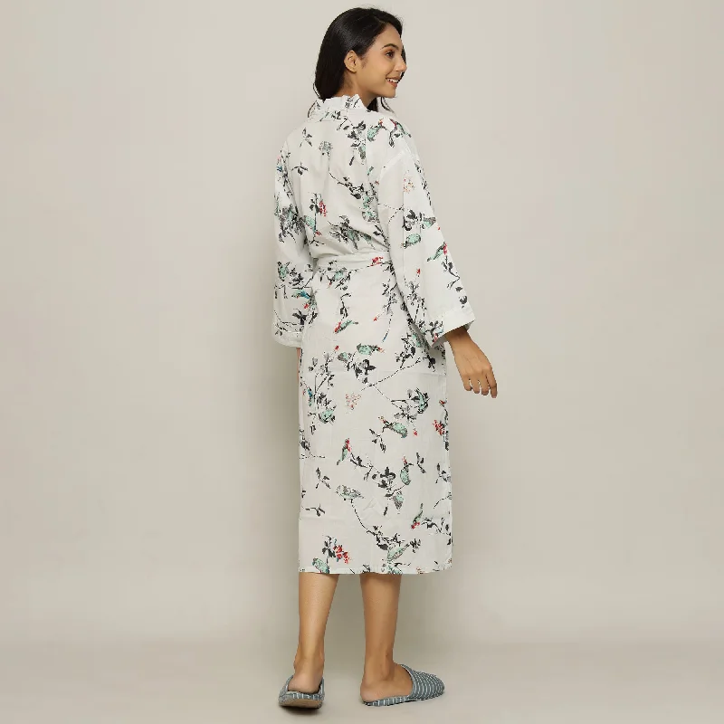 White Cotton Hand printed kimono robe