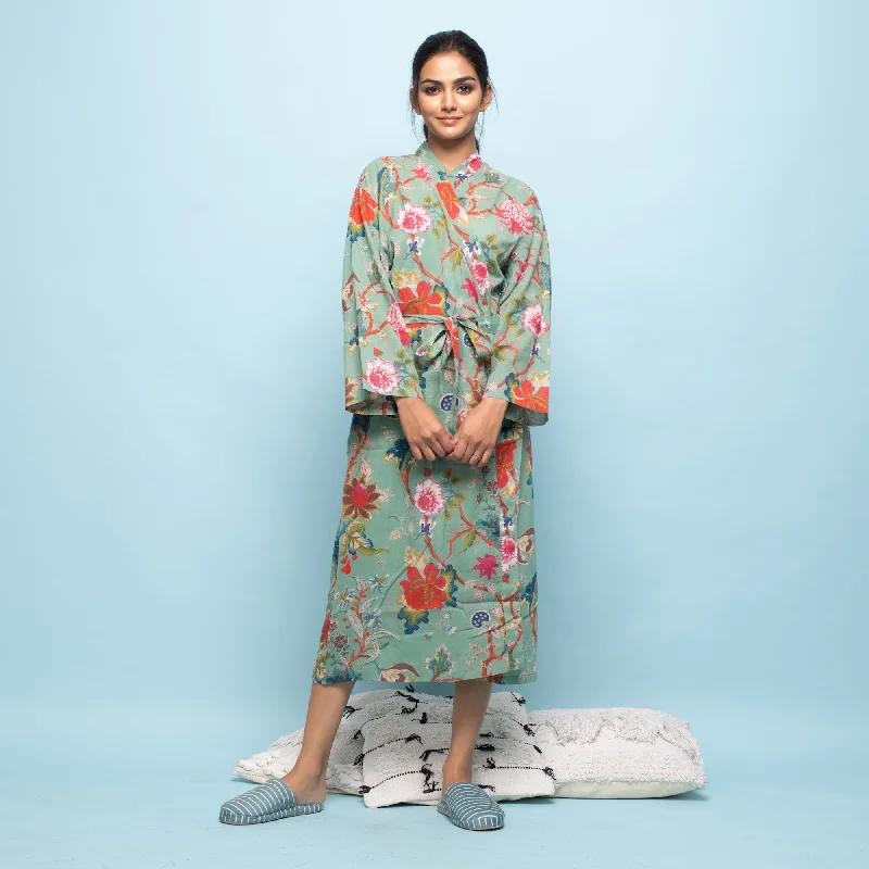 Light Green Cotton Hand printed kimono robe