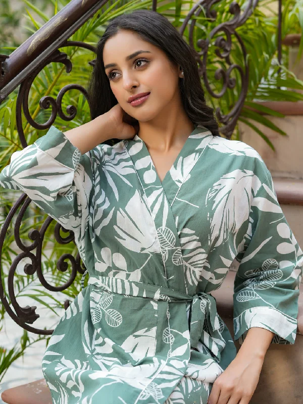 Green tropical print kimono robe